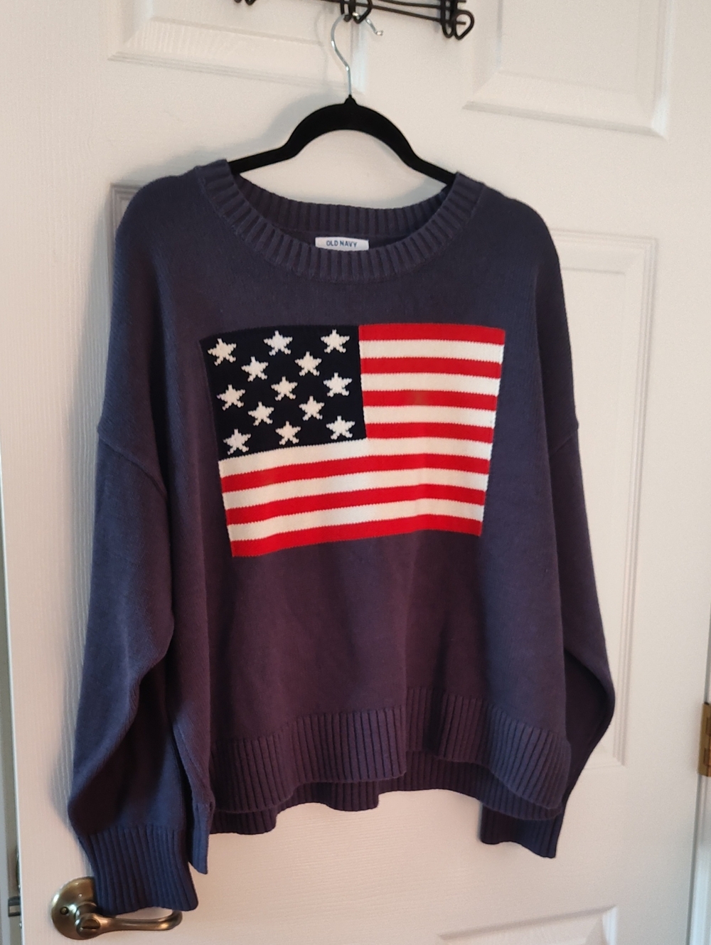 Old Navy Blue Crewneck Sweater with Red, White & Blue Flag